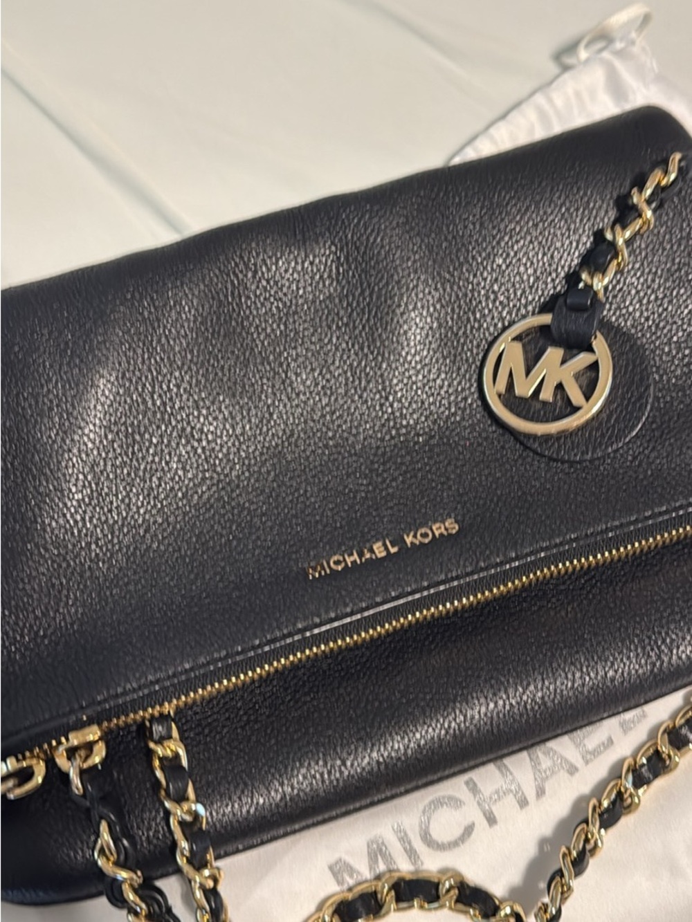 Michael Kors Black Leather Shoulder Bag with Gold Accents